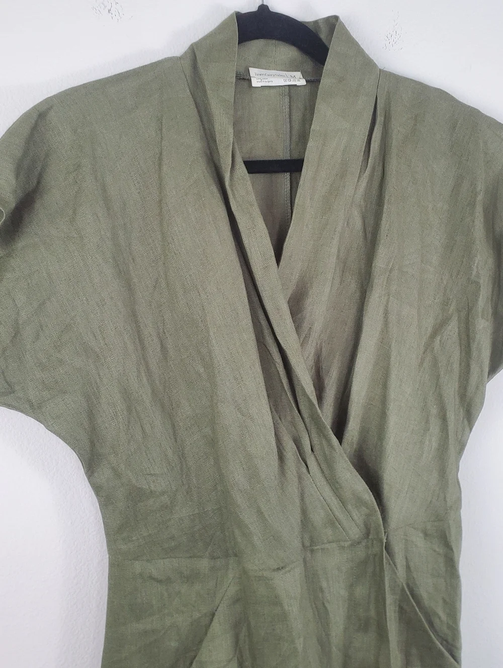 Linen Fairy Tales Linen Olive Green Wrap Linen Dress Womens Size Medium - Picture 4 of 9